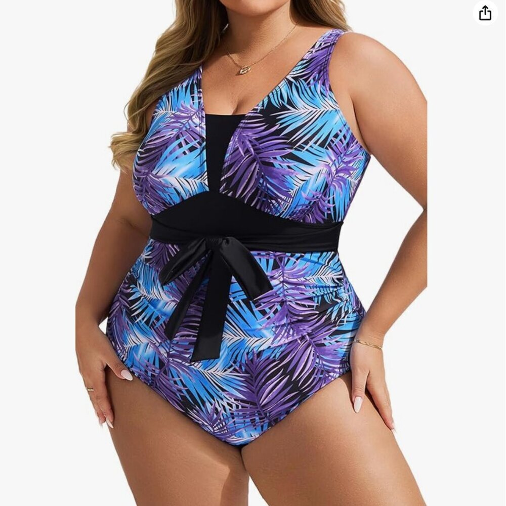 NWT! One Piece Tummy Control Blue Purple Leaf Swimsuit w Black Waist Tie. Sz. 20 - Picture 5 of 13